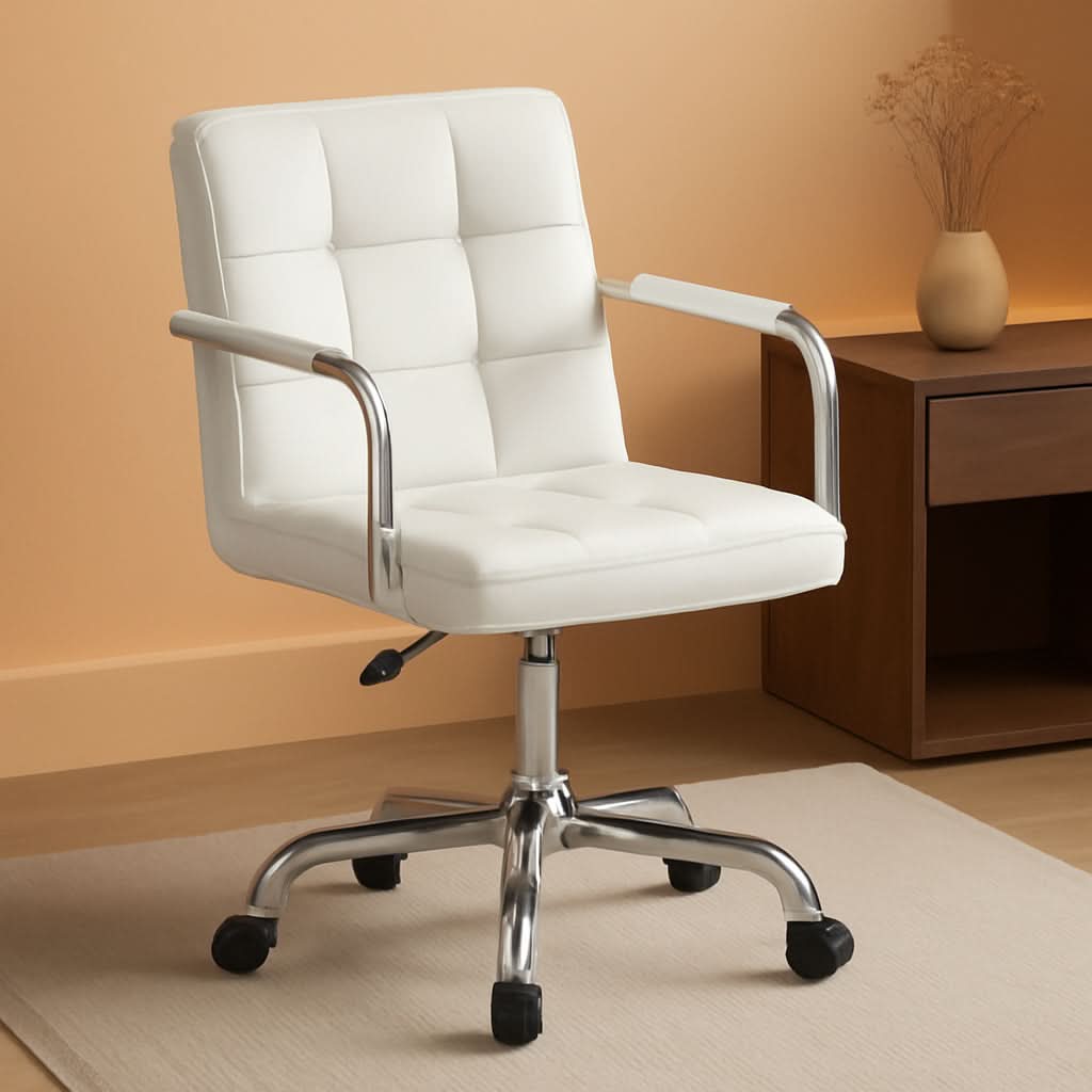 White PU Leather Desk Chair With Wheels Mid Back Office Chair